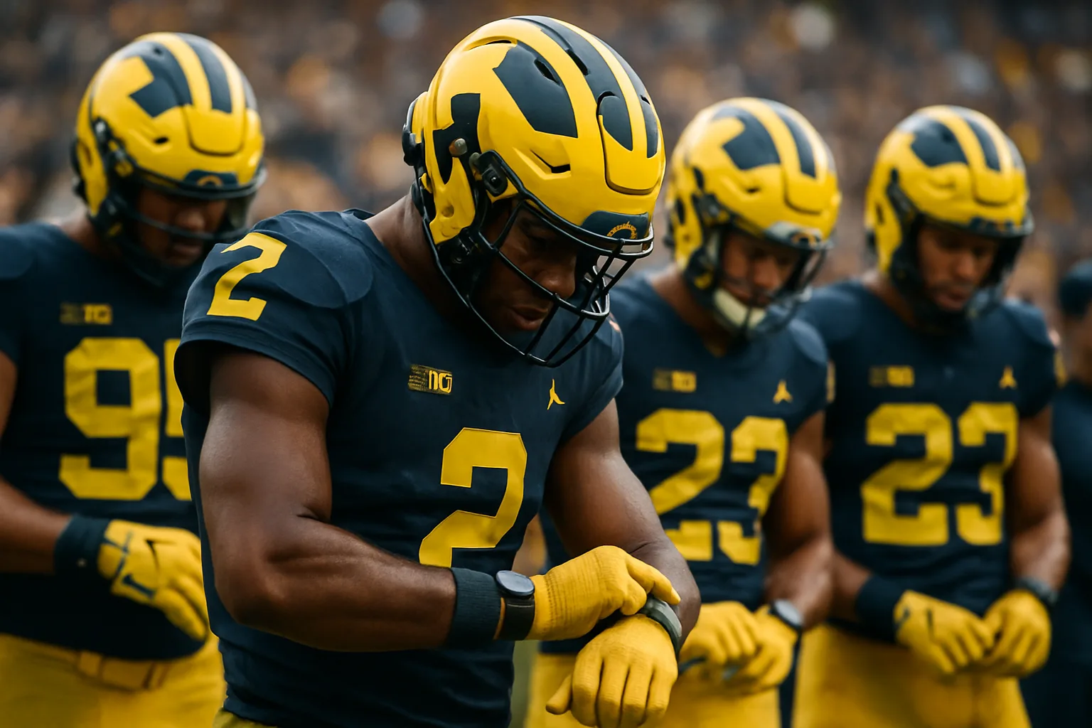 Modern Michigan Wolverines football team checking their watches