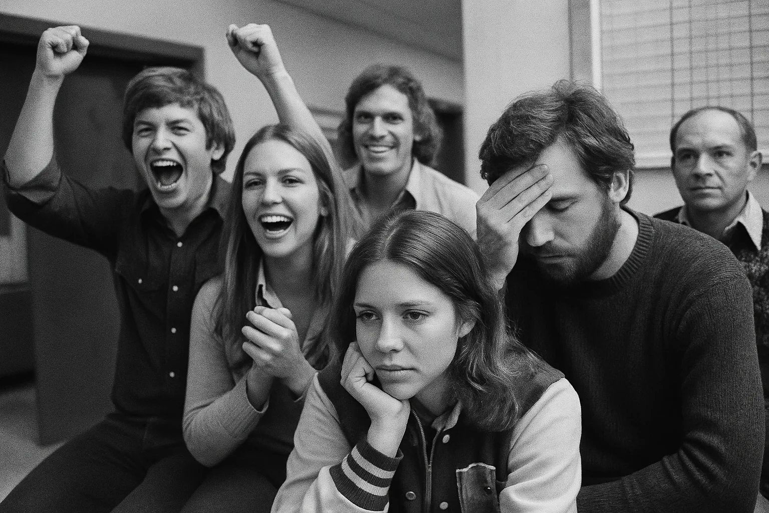 I would like a picture of a few men and women, some really happy, and some totally dejected after seeing their standings following a weekend of dirty-dawg college football