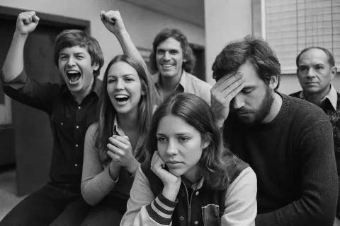 I would like a picture of a few men and women, some really happy, and some totally dejected after seeing their standings following a weekend of dirty-dawg college football